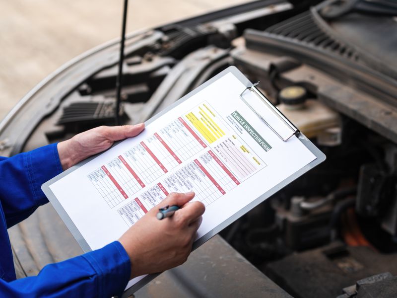 A person holding a clipboard with a color-coded inspection checklist in front of an open car engine.