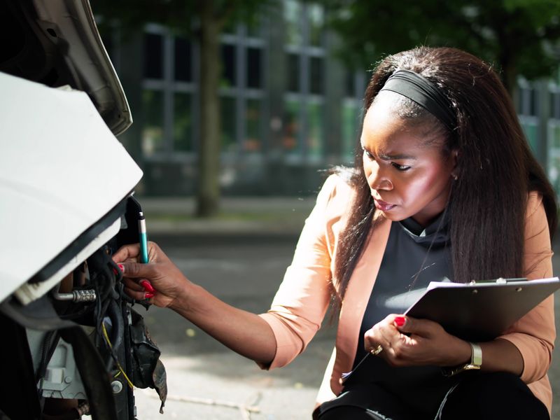 A woman crouches beside a vehicle with a clipboard, examining a part under the hood.