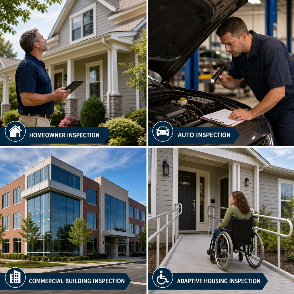 Four inspection scenes. A homeowner checks the outside of a house with a tablet. A mechanic inspects a car engine with a flashlight and clipboard. A modern brick and glass commercial building. A person in a wheelchair at the ramp of an adapted home.
